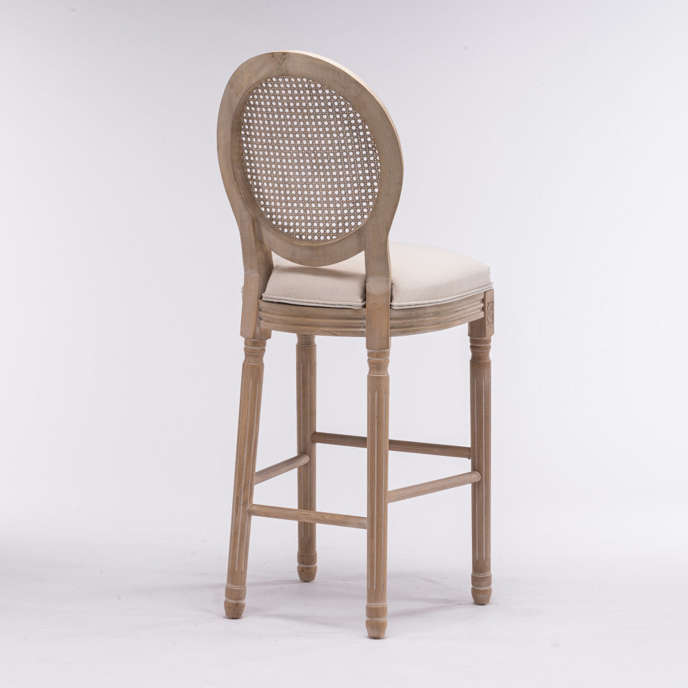 Elegant French High-Bar Chairs with Rattan Mesh Backrest and Solid Wood Frame, Cream Beige