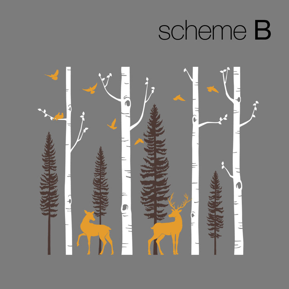 Birch Tree Wall Decal, Birds And Deer, Scheme B, 96" Tall Birch Trees
