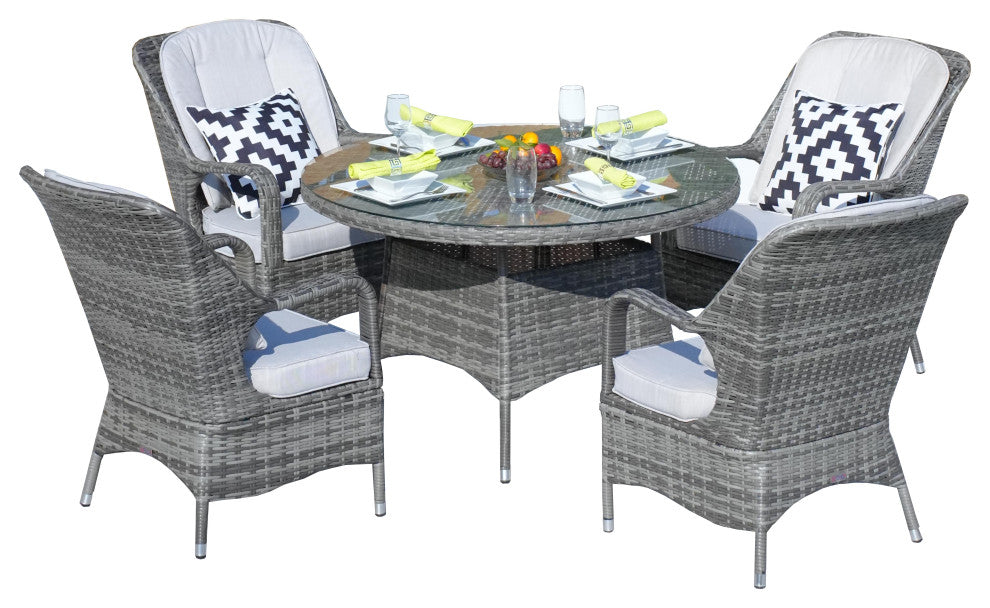 5-Piece Wicker Outdoor Round Dining Set with Grey Cushions