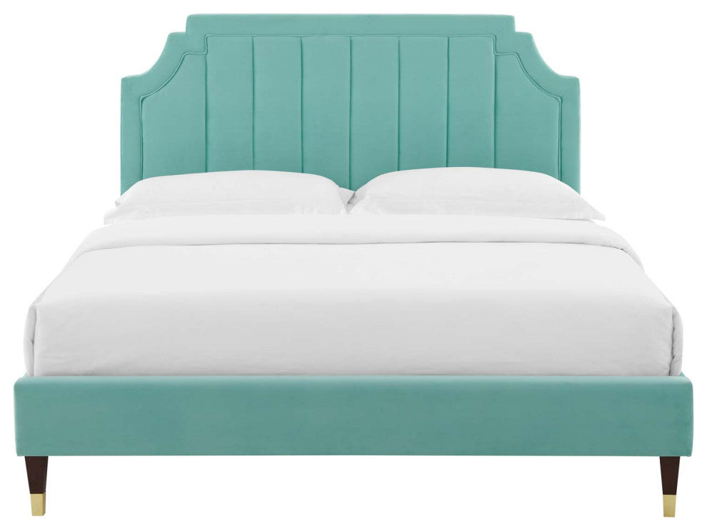Platform Bed Frame, King Size, Velvet, Blue, Modern Contemporary, Bedroom Master