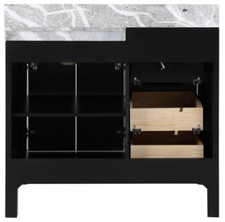 Zilara 36" Black and Grey Vanity, Castle Grey Marble Top, 30" Frameless Mirror