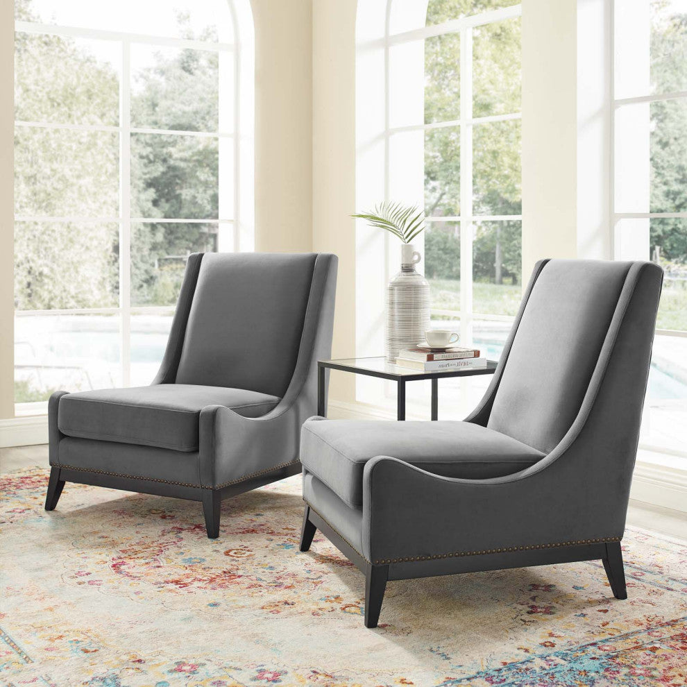 Armchair Accent Chair, Set of 2, Velvet, Gray, Modern, Lounge Hospitality