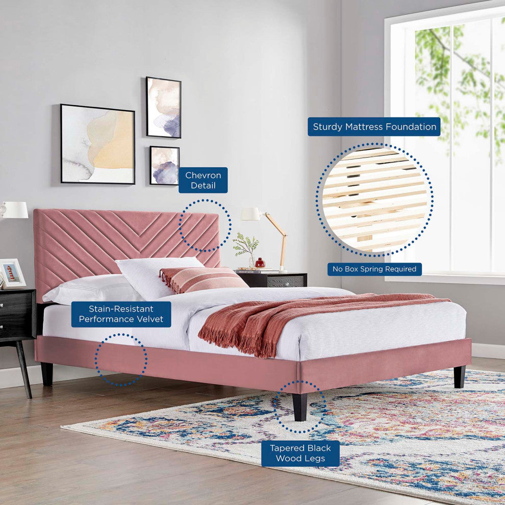 Platform Bed Frame, King Size, Pink, Velvet, Modern, Bedroom Master Guest Suite