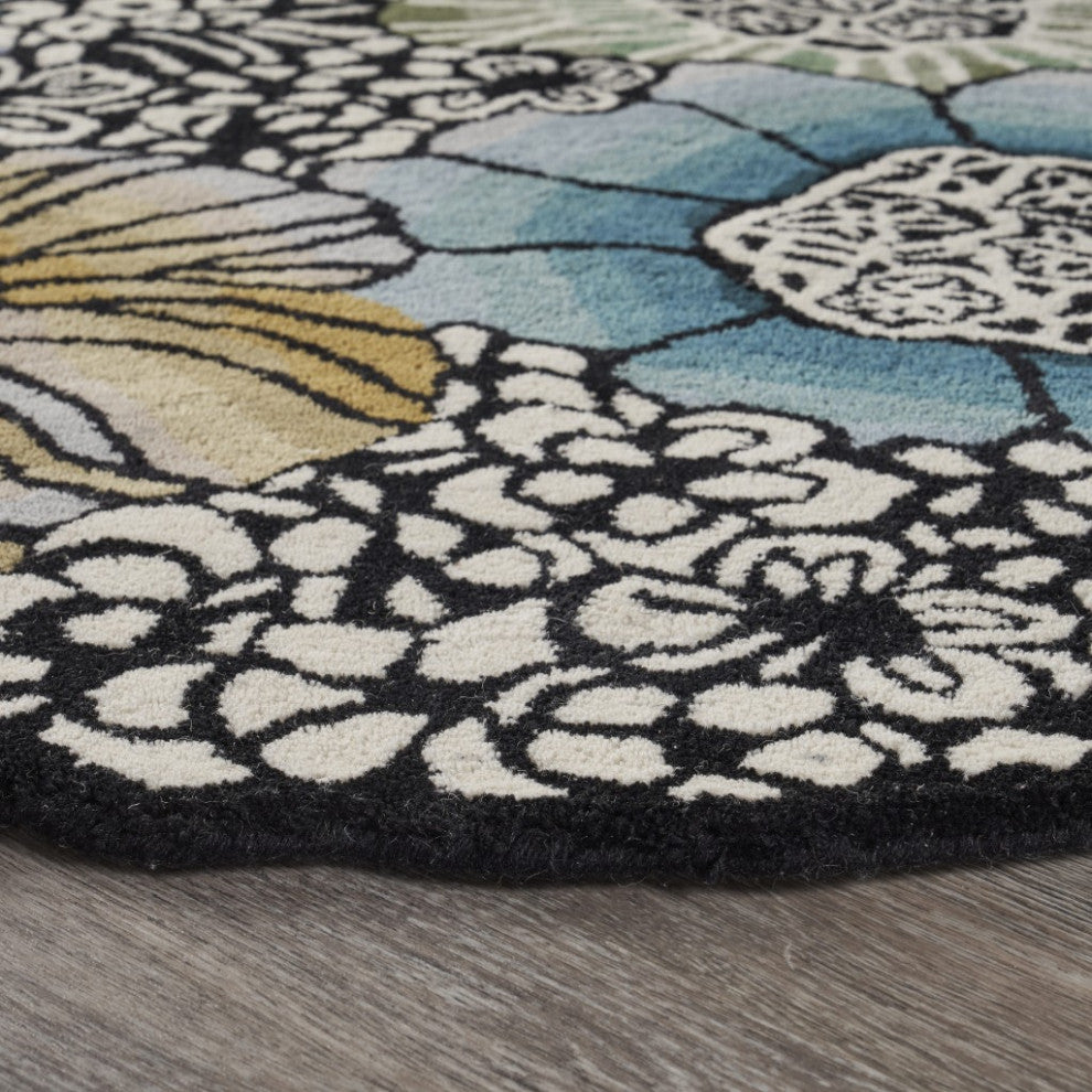 6" Round Blue and Black Floral Area Rug