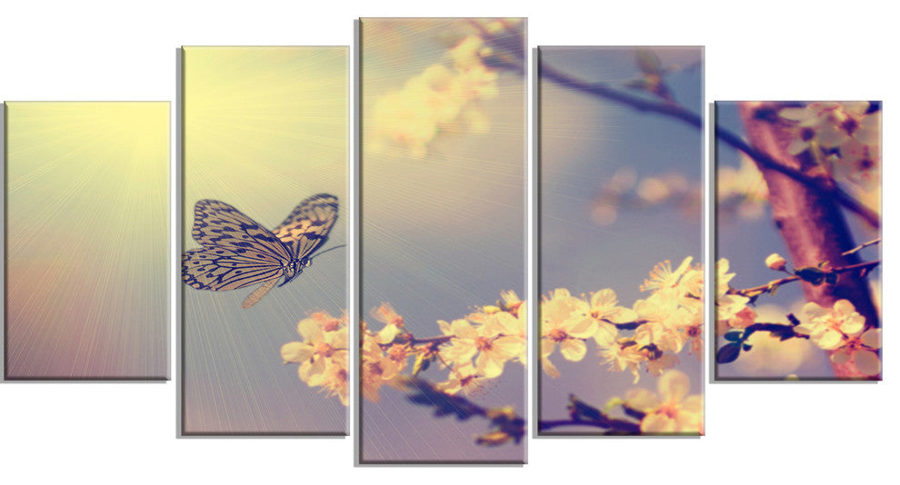 Vintage Butterfly and Cherry Tree, Large Floral Canvas Print, 60"x32", 5 Panels