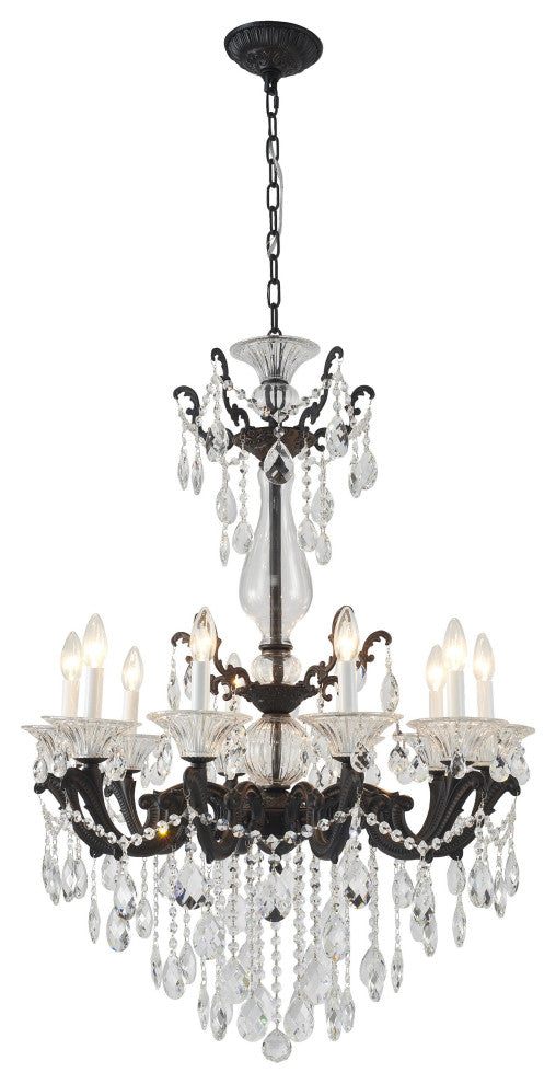 10-Light Satin Black Metal Chandelier With Clear Hanging Crystals