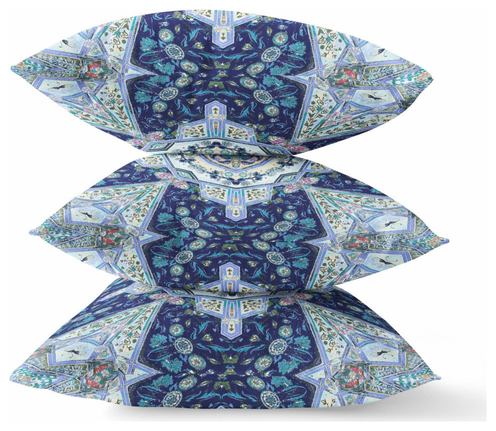 20" Indigo Blue Boho Floral Geo Suede Throw Pillow