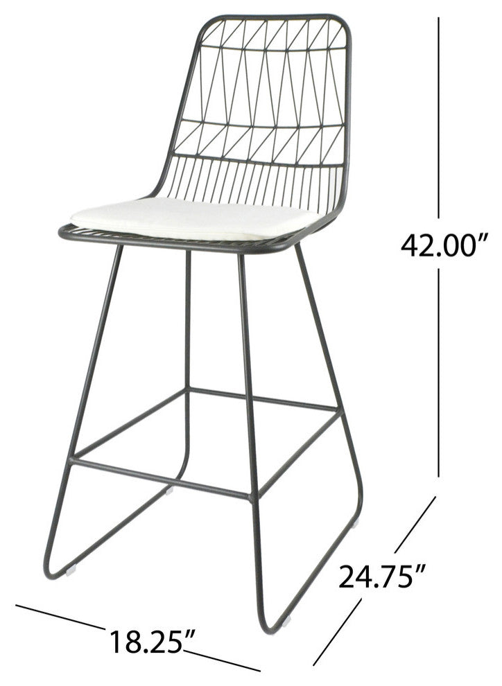 Ella Outdoor Wire Counter Stools with Cushions, Set of 4, Gray Finish, Ivory