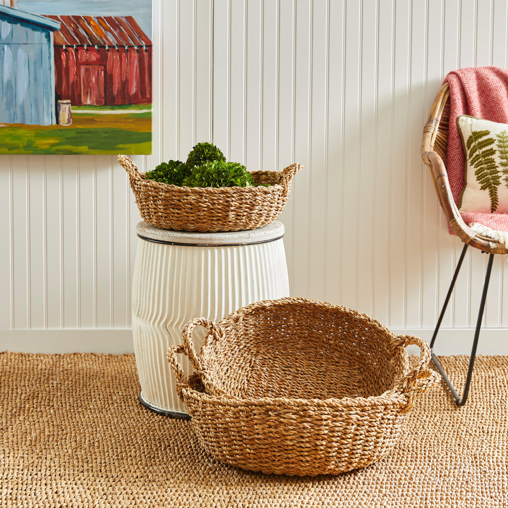 Set of 3 Woven  Sea Grass Shallow Storage Baskets Round 20 18 16 in Natural Spa