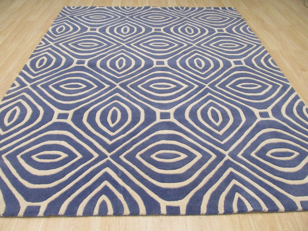 EORC Hand-tufted Wool Blue Contemporary Geometric Marla Rug, Round 7'9"x7'9"