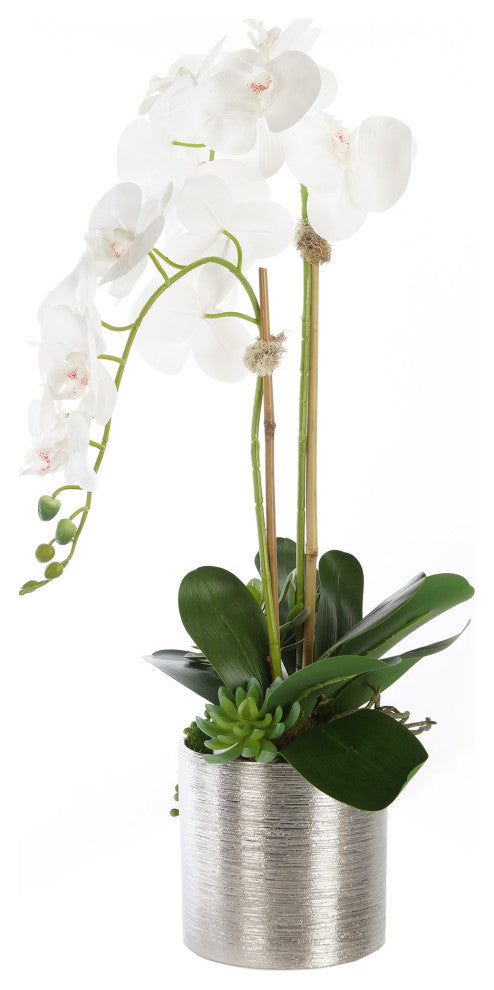 Real Touch White Orchid Flower Arrangement, Silver Ceramic Pot