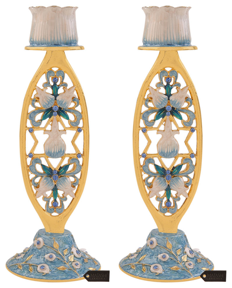 Matashi Shabbat Candlestick Holder (2-Piece Set) Hand-Painted Gold-Plated Pewter