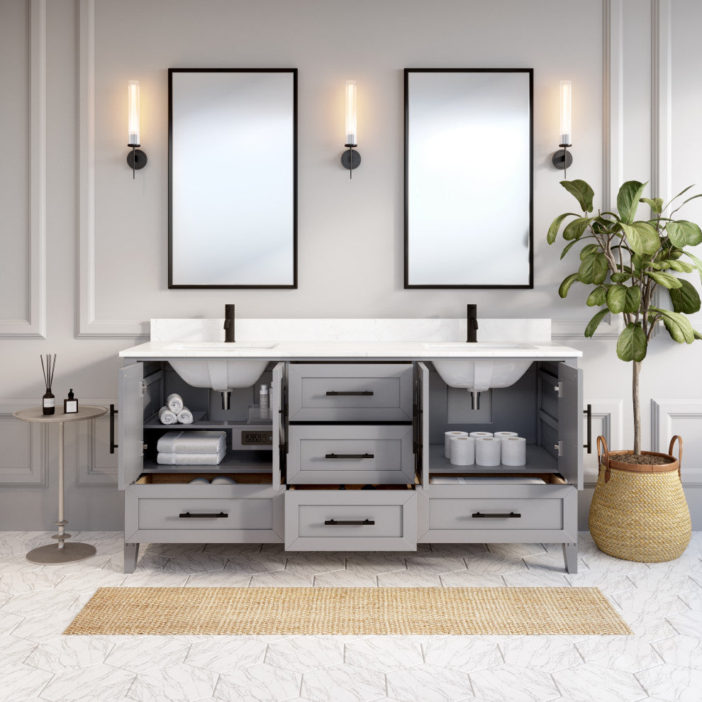 Houston 72" Double Vanity With Power Bar and Drawer Organizer, Oxford Gray