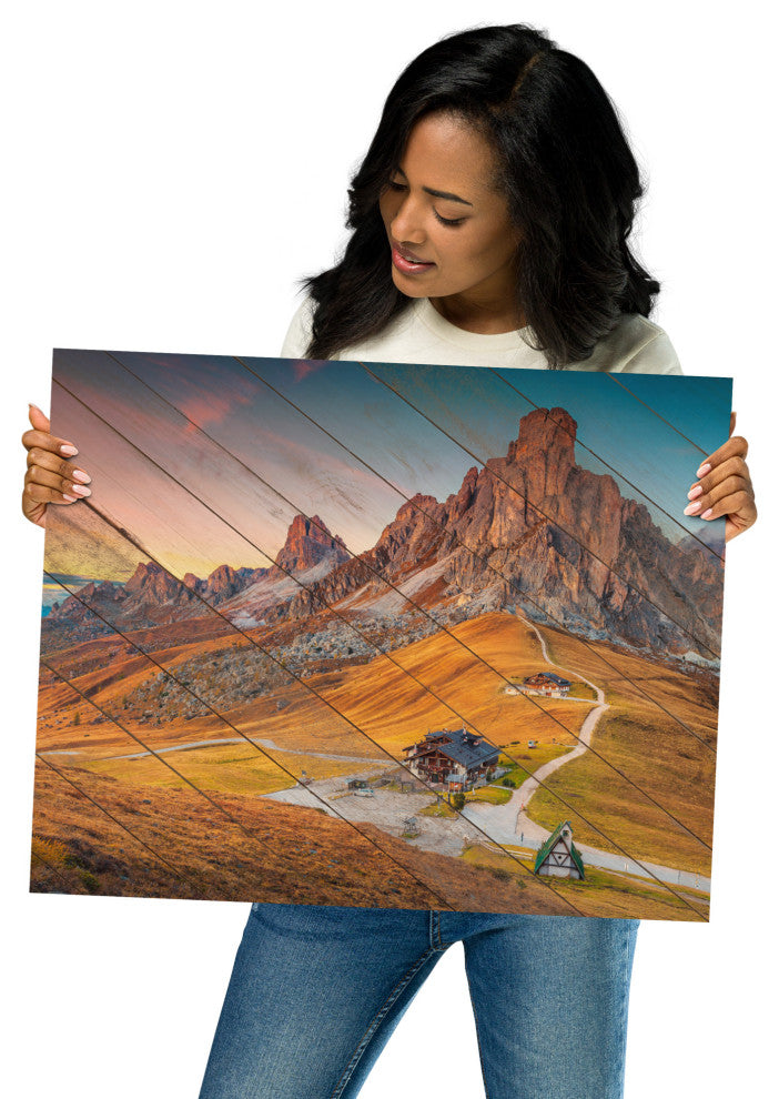 Faux Wood Majestic Sunset & Alpine Mountain Landscape Photo Wall Art Print, 16" X 20"