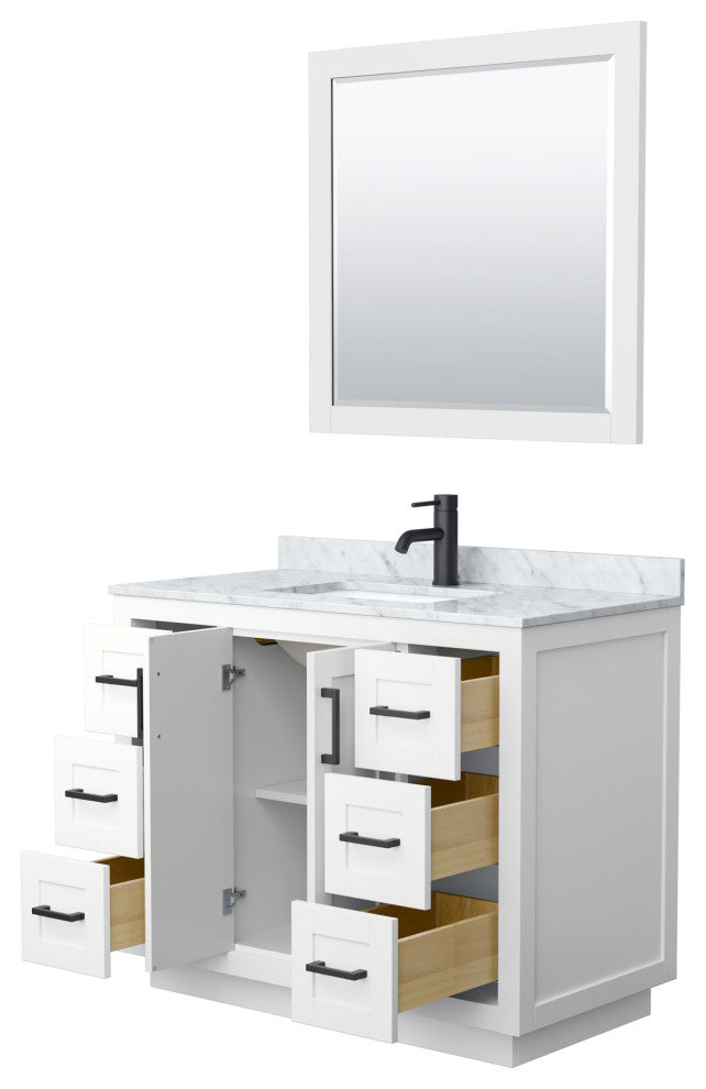 42"SGL Bathroom Vanity White, Carrara Countertop, Sink, Black Trim, 34" Mirror