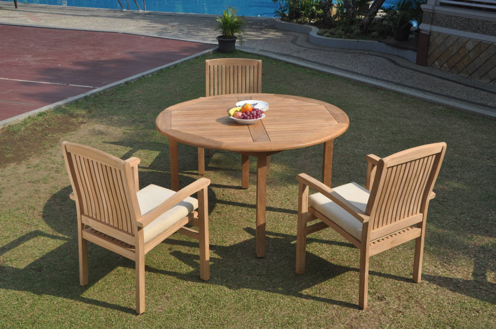 4-Piece Outdoor Teak Dining Set: 52" Round Table, 3 Wave Stacking Arm Chairs
