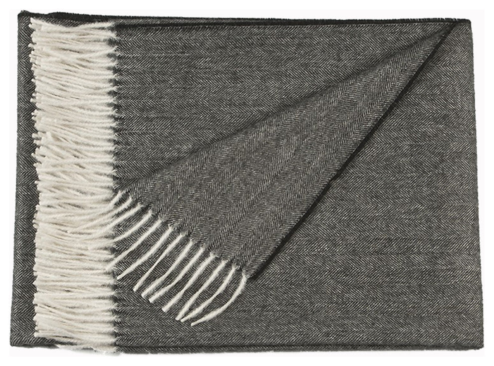 100% Baby Alpaca NY Herringbone Throw / Afghan Blanket, Dark Grey