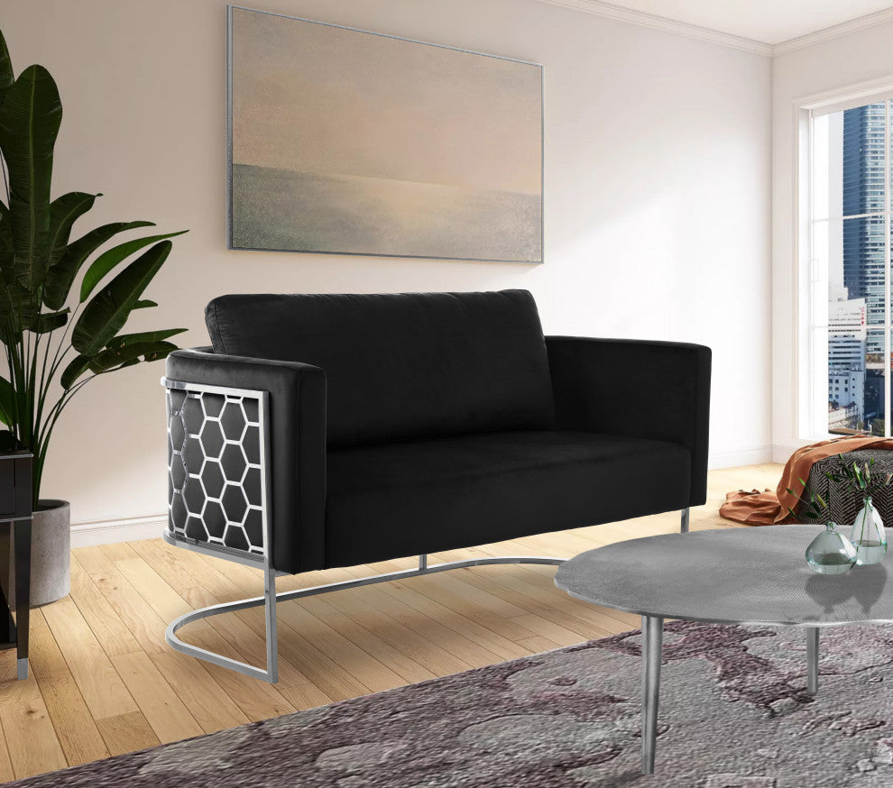 Casa Velvet Upholstered Loveseat, Black, Chrome Finish