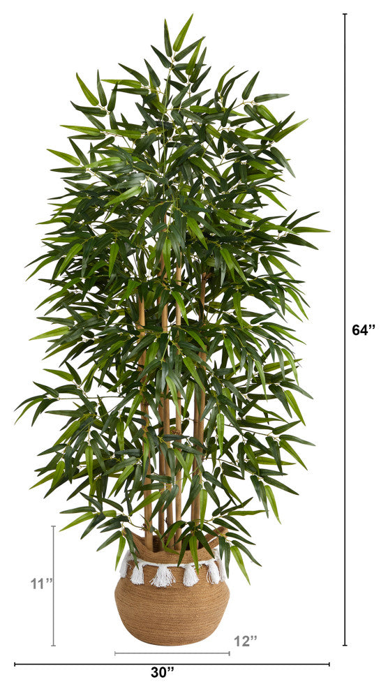 64" Bamboo Artificial Tree With Bamboo Trunks in Boho Chic Planter With Tassels
