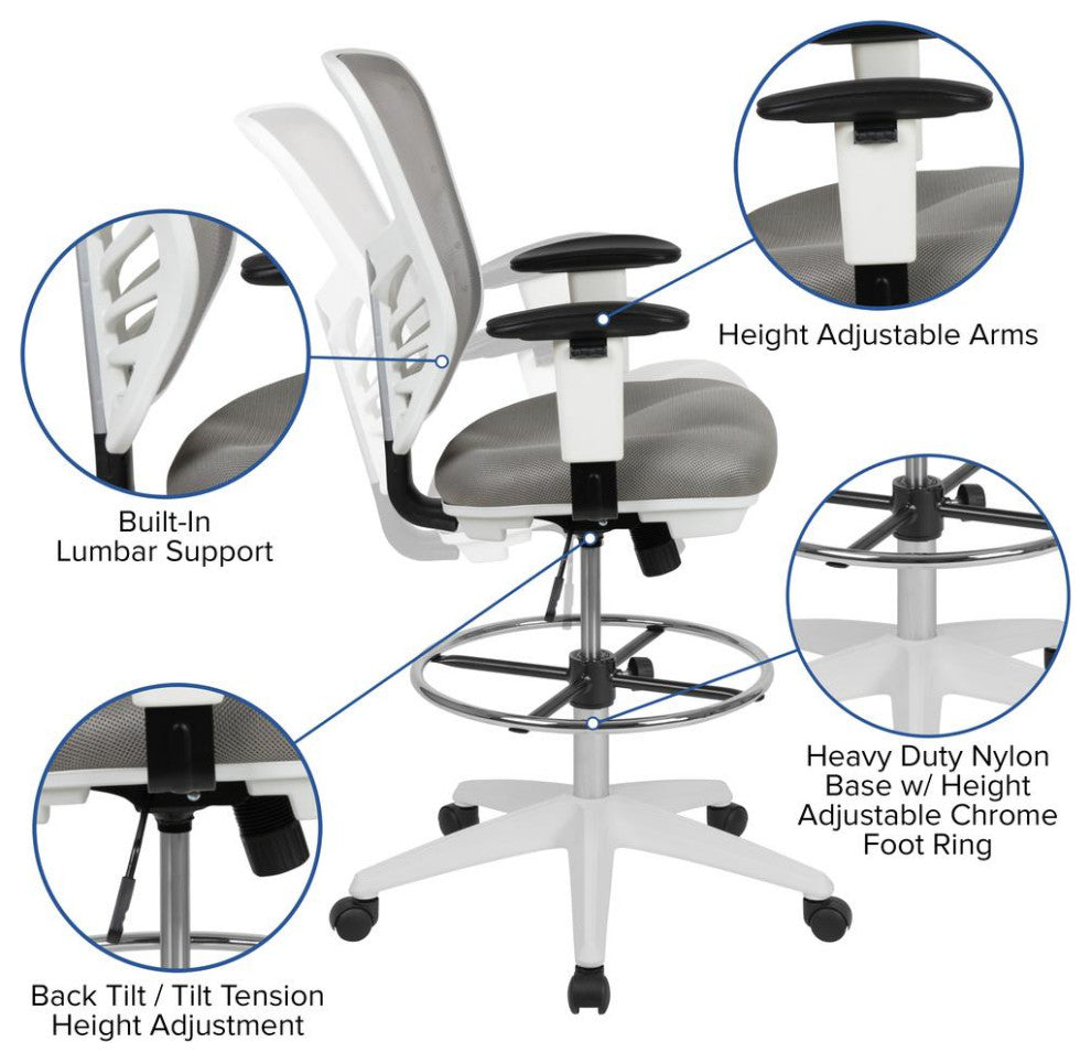 Mesh Drafting Chair With Adjustable Foot Ring and Arms, Light Gray Mesh/White Fr
