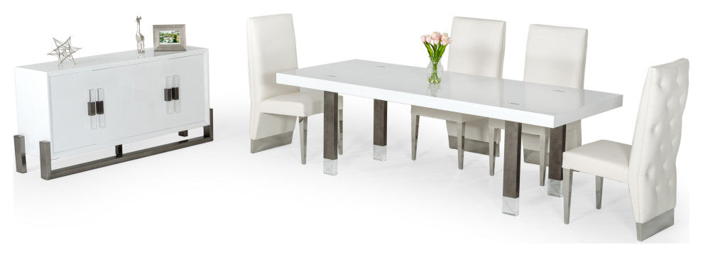 Modrest Lenny Modern White High Gloss and Stainless Steel Gun Metal Dining Table