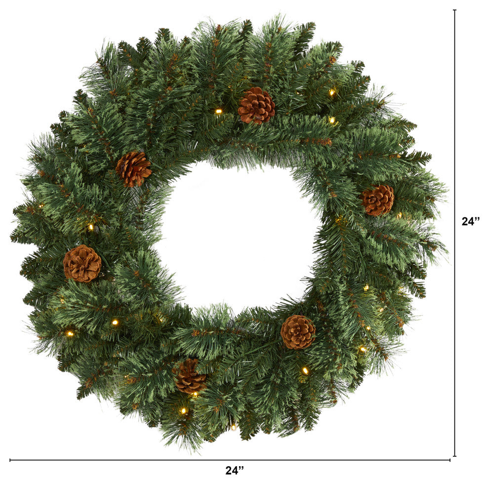24" White Mountain Pine Faux Christmas Wreath With 35 LED Lights and Pinecones