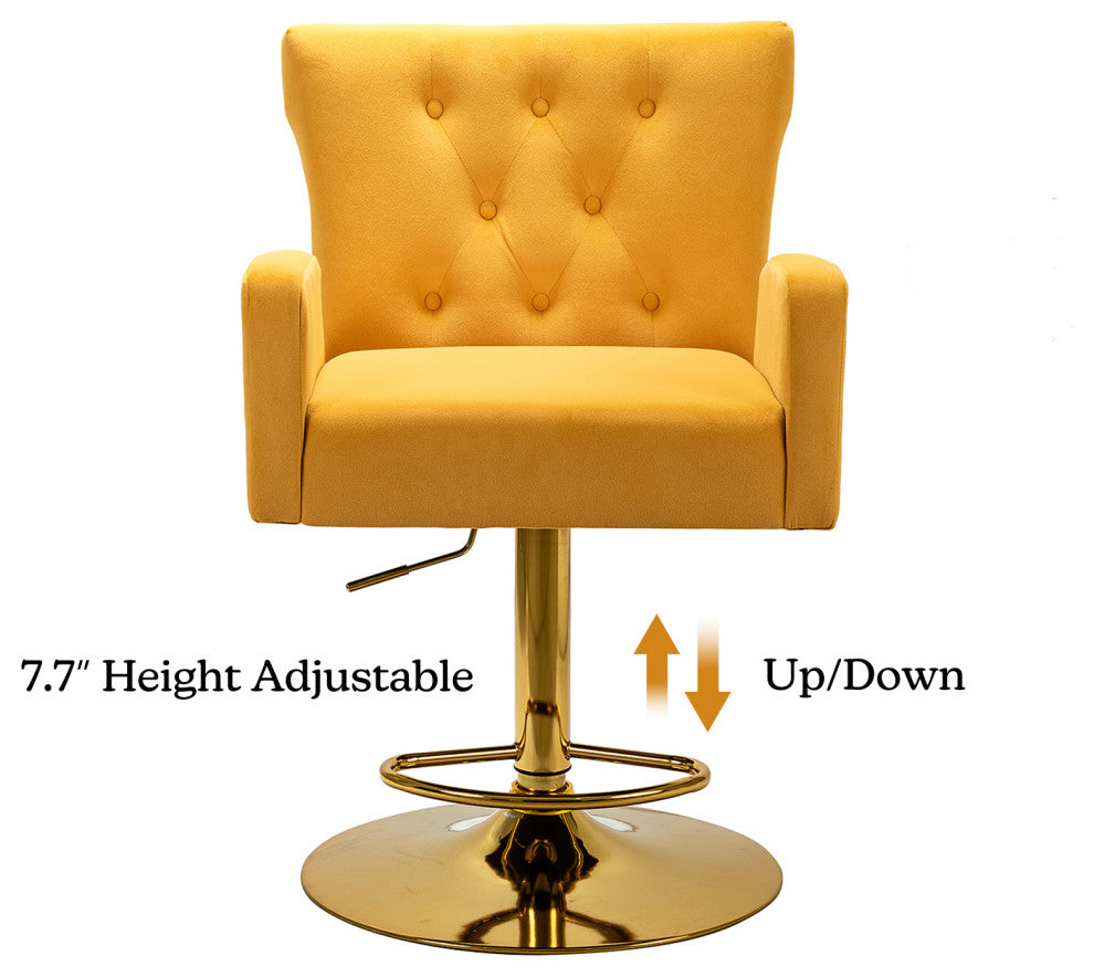 Velvet Swivel Height Adjustable Bar Stool with Tufted Back, Mustard