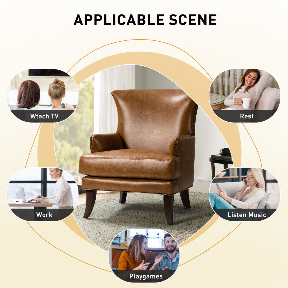 Classic Wooden Upholstered Leather Armchair, Camel