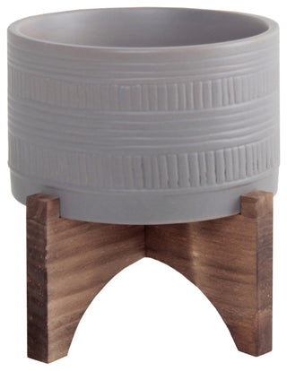 5"  Pueblo Pot W Wood Stand,Matt Grey