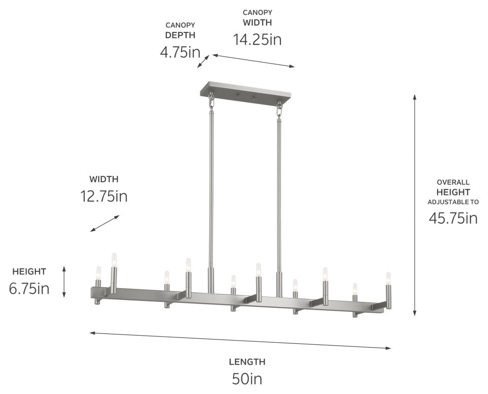 Kichler Erzo 50" 10 Light Linear Chandelier, Satin Nickel, 52614SN