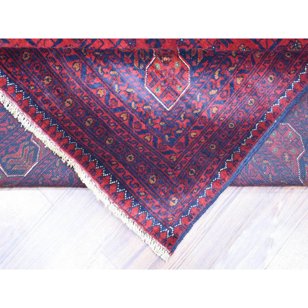 Red Hand Knotted Soft Shiny Wool Afghan Khamyab Geometric Design Rug, 10'x12'10"