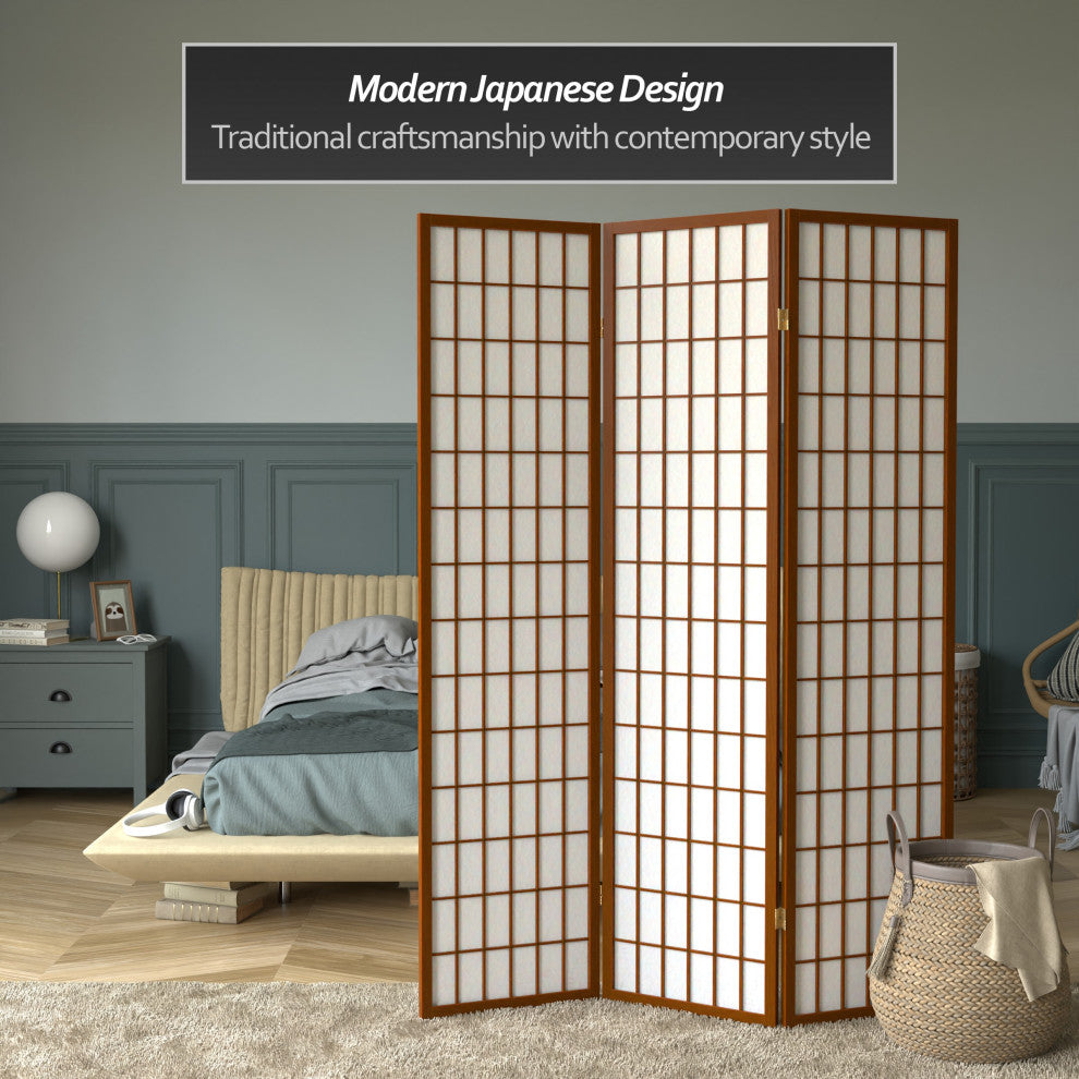 6' Tall Window Pane Shoji Screen, Walnut, 3 Panels