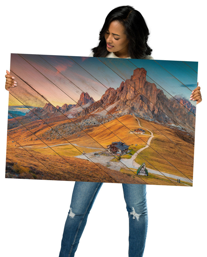 Faux Wood Majestic Sunset & Alpine Mountain Landscape Photo Wall Art Print, 24" X 36"