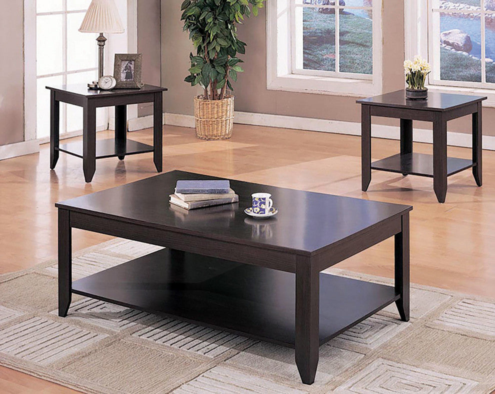 3 Piece Wood Table Set With Bottom Shelf, Cappuccino