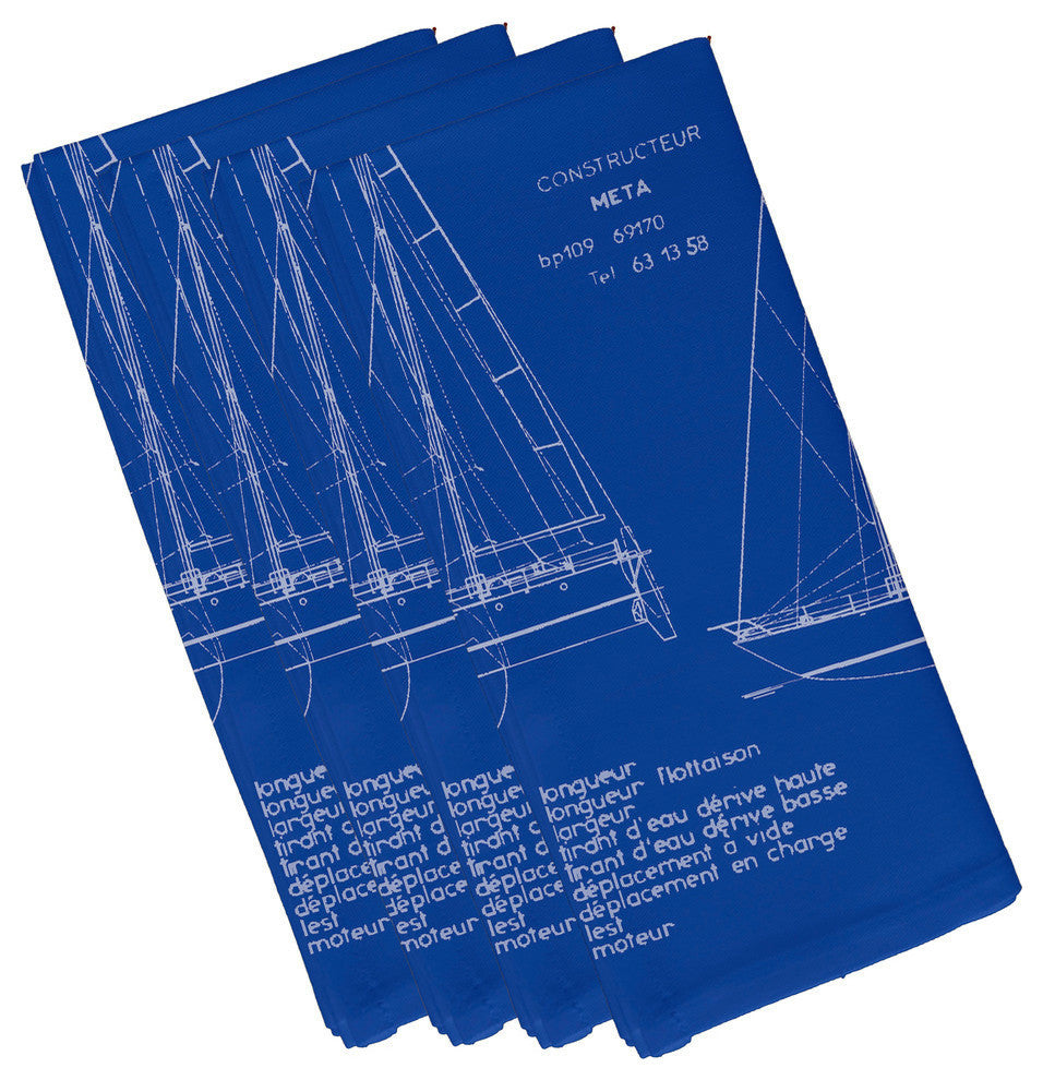 19"x19" Sail Plan Trio, Geometric Print Napkins, Set of 4, Blue Print Blue