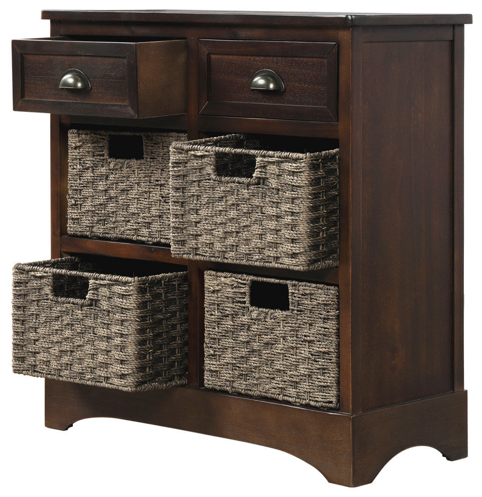 28" Wood 2 Drawers Storage Cabinet with 4 Rattan Basket, Espresso, 28" Tall