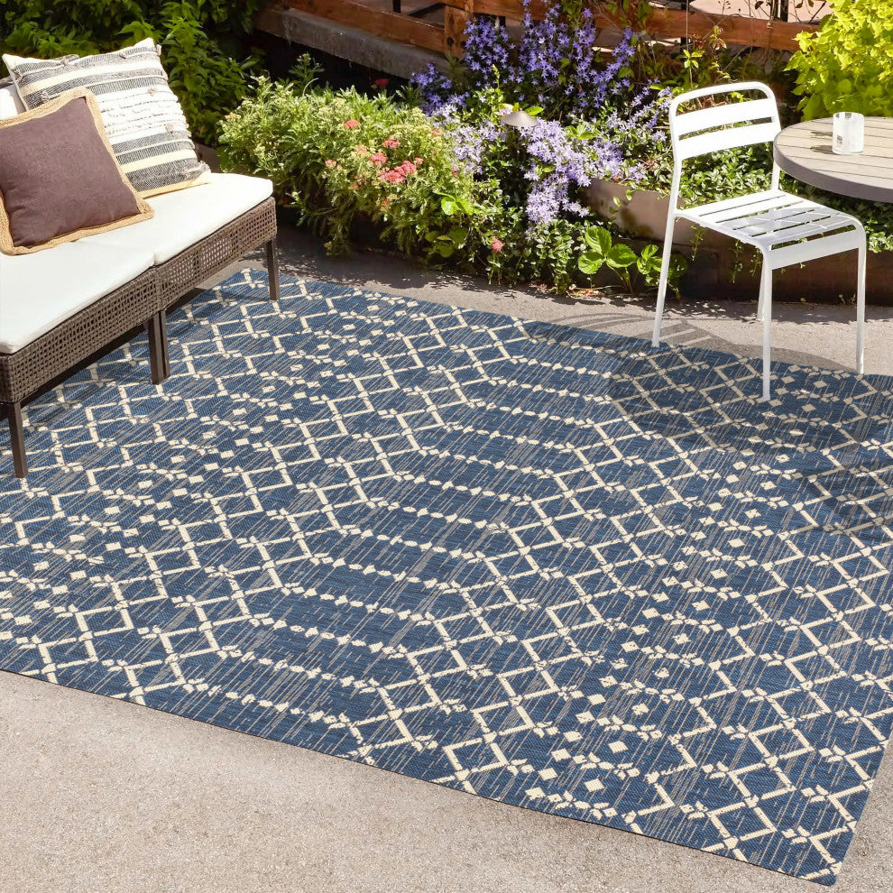 Ourika Moroccan Geometric Indoor/Outdoor Rug, Navy/Beige, 4x6