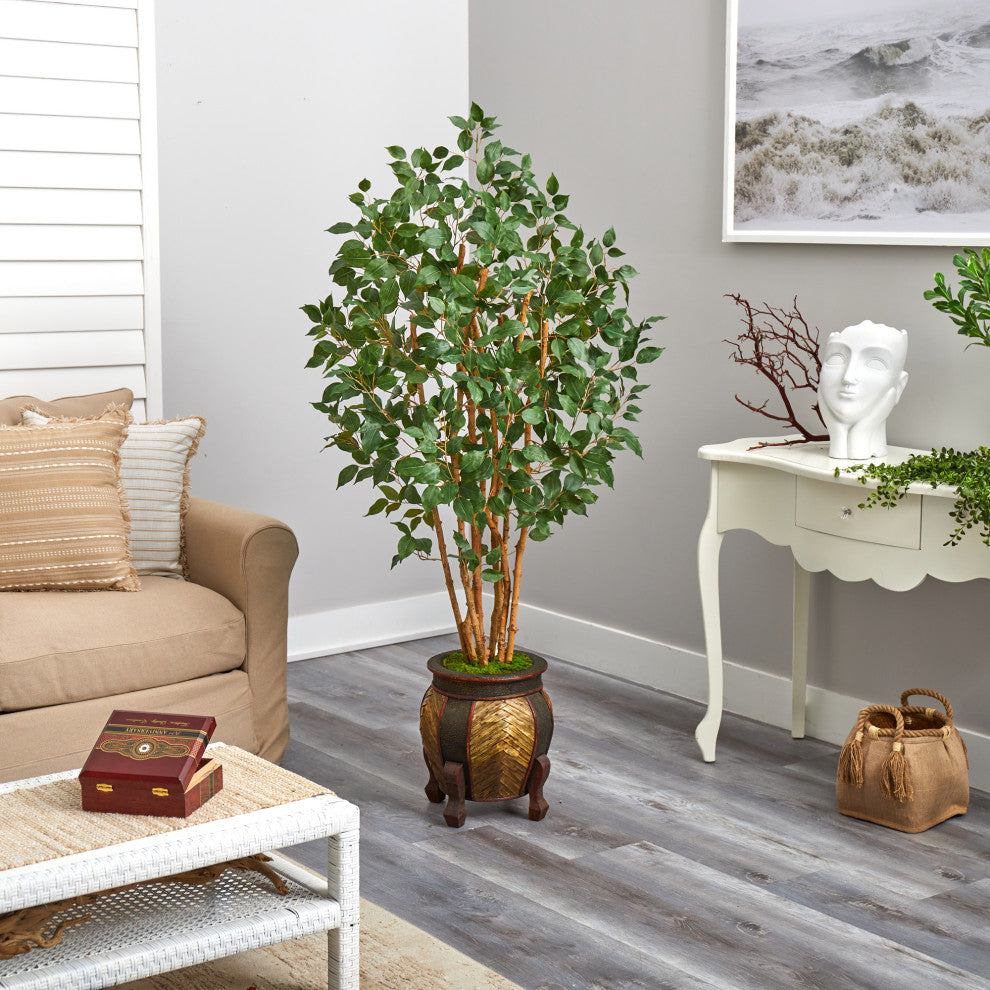 5.5' Ficus Bushy Artificial Tree, Decorative Planter