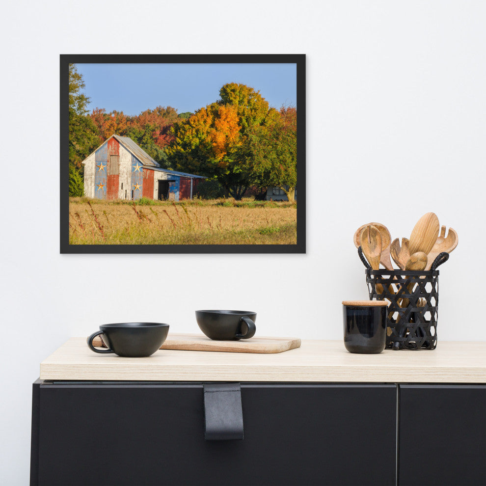 Patriotic Barn in Field Rural Landscape Framed Photo Paper Wall Art Prints, Black, 16" X 20"