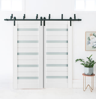 Frosted Glass Barn Bypass Doors 72 x 80, Quadro 4445 White, 6.6' Rail