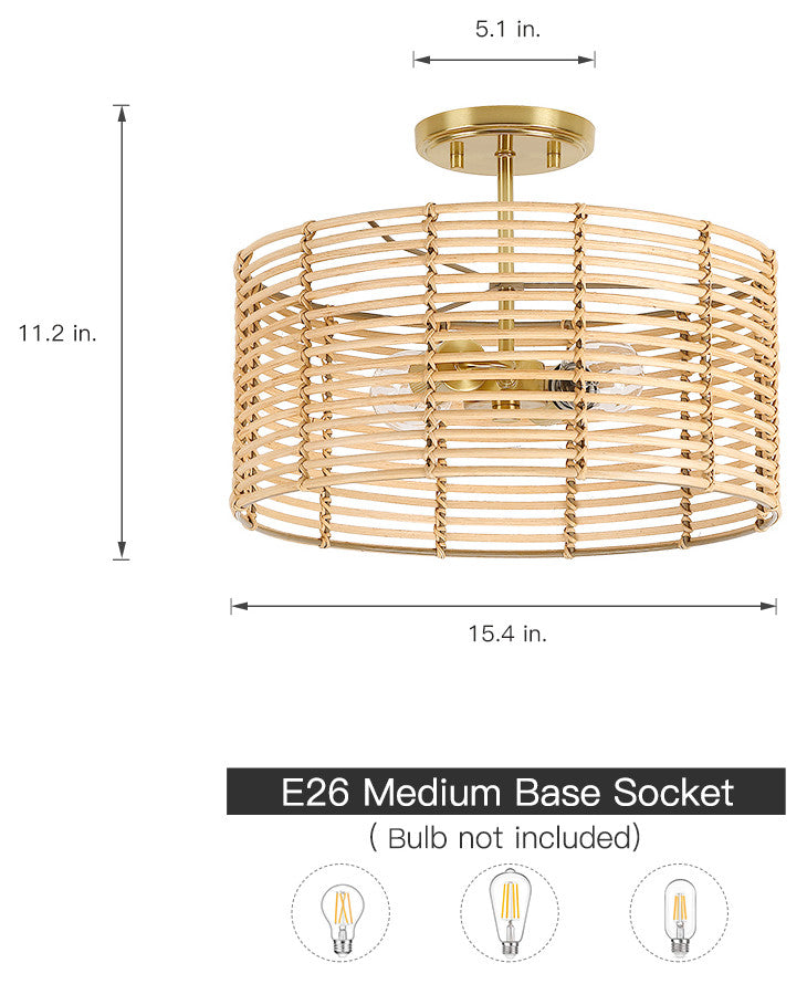 15.4"W 2-Light Bohemian Rattan Semi-Flush Mount Ceiling Light