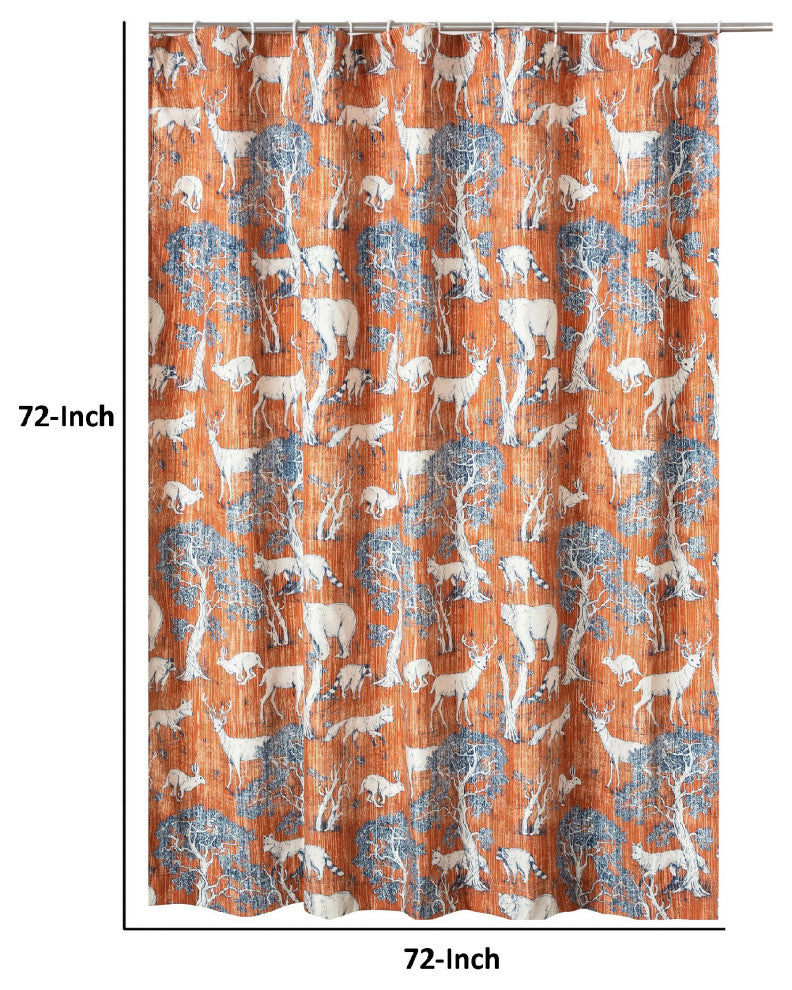 Benzara BM293452 Shower Curtain, Fun Deer and Bears Print, Orange Microfiber