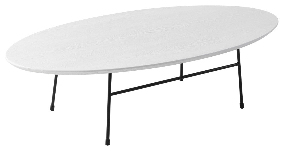 LeisureMod Rossmore Oval Coffee Table with Black Steel Frame, White