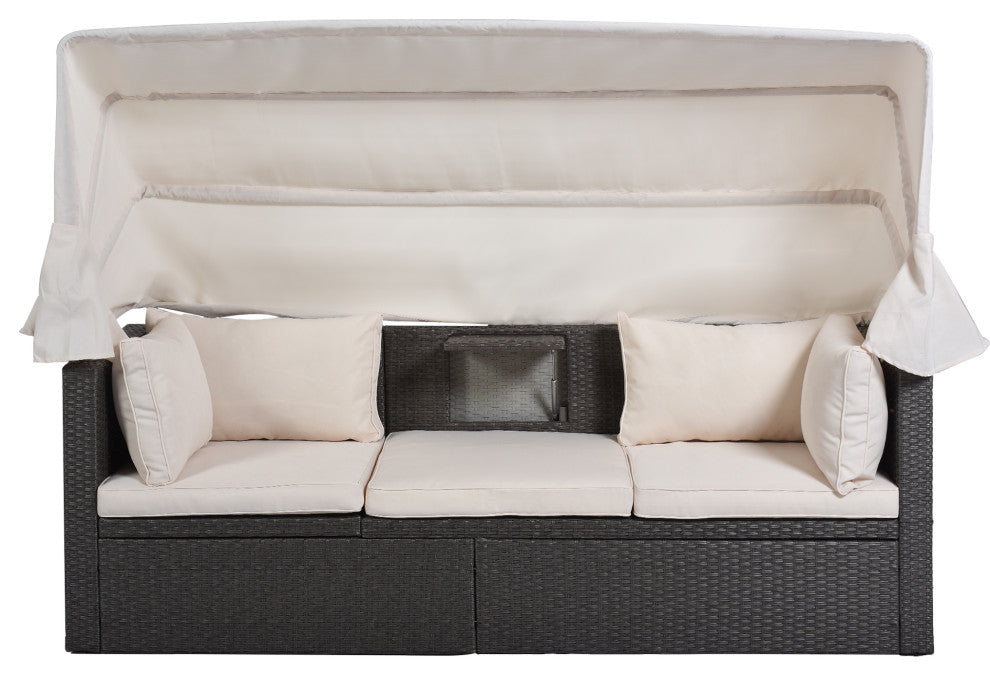 4-Piece Outdoor Wicker Sectional Patio Daybed with Canopy and Ottoman, Black Bei