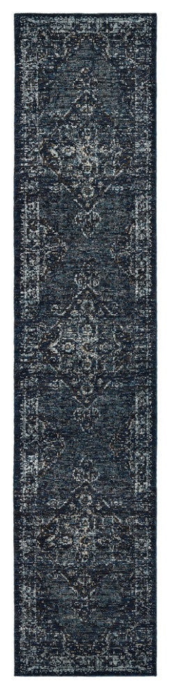 12' Runner Blue and Brown Oriental Power Loom Runner Rug