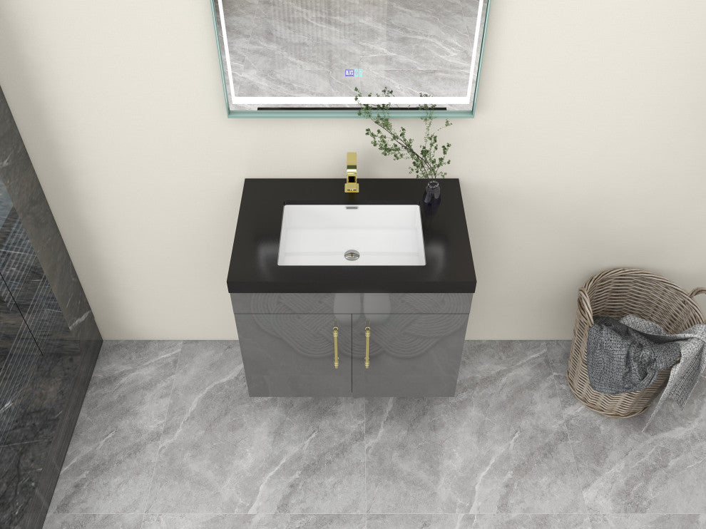 Rosa 30" Wall Mounted Modern Vanity, High Gloss Gray, Matt Black Top