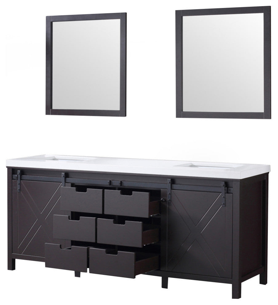Marsyas 80" Brown Double Vanity Cabinet Quartz Top Sinks, 30" Wall Mirrors