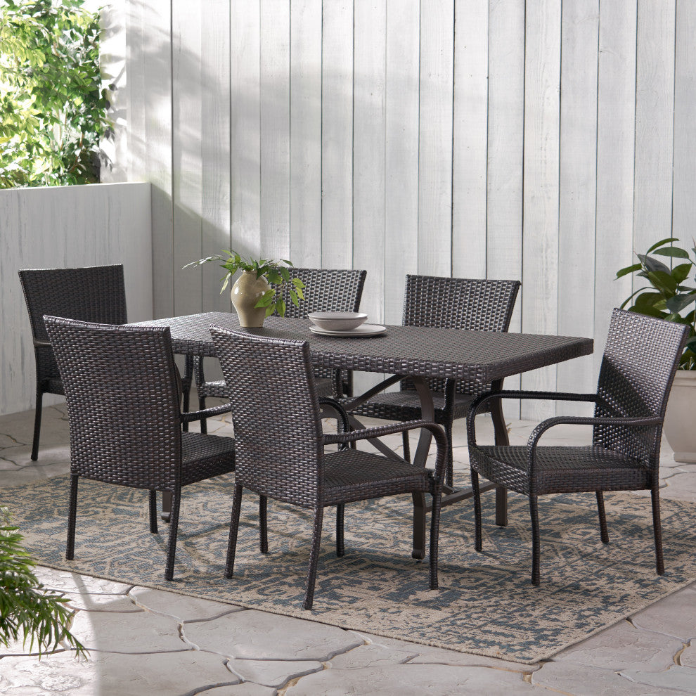 GDF Studio 7-Piece Walthham Outdoor Multibrown Wicker Dining Set