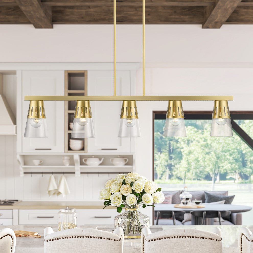 5 Light Natural Brass Large Linear Chandelier