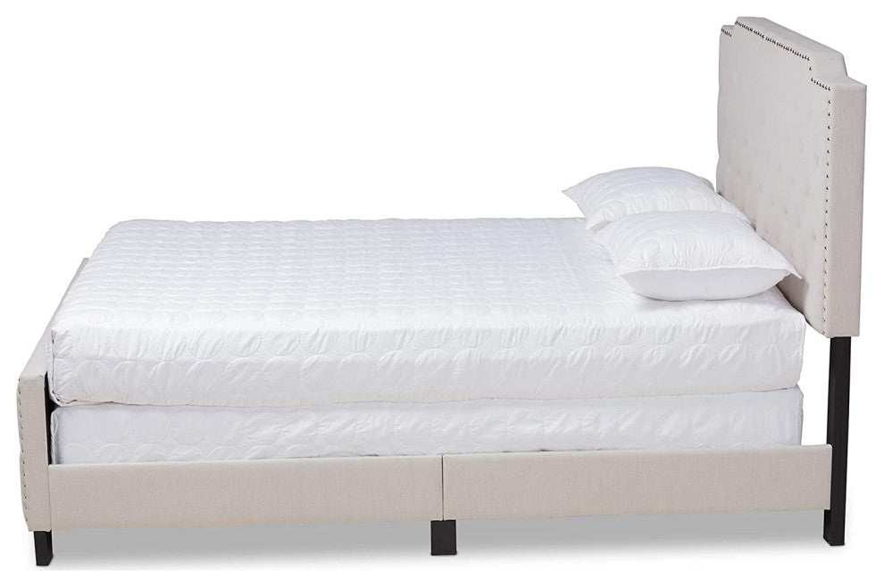 King Panel Bed with Button Tufted Headboard and Nailhead Trim, Beige/Black